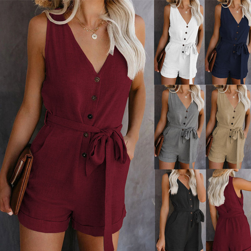 V-Neck Button & Belt Short Jumpsuit