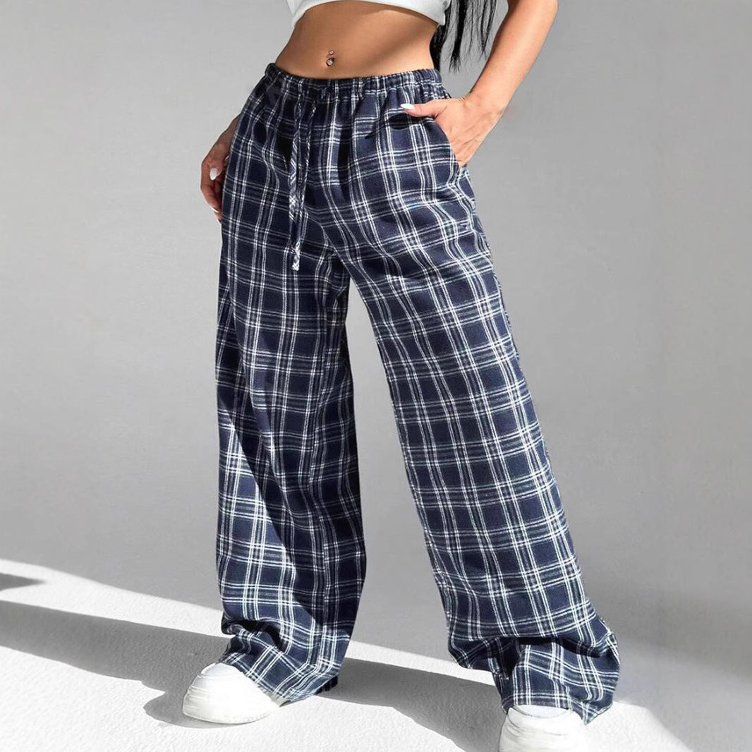 Pocket Loose Drawstring Plaid Lounge Trousers