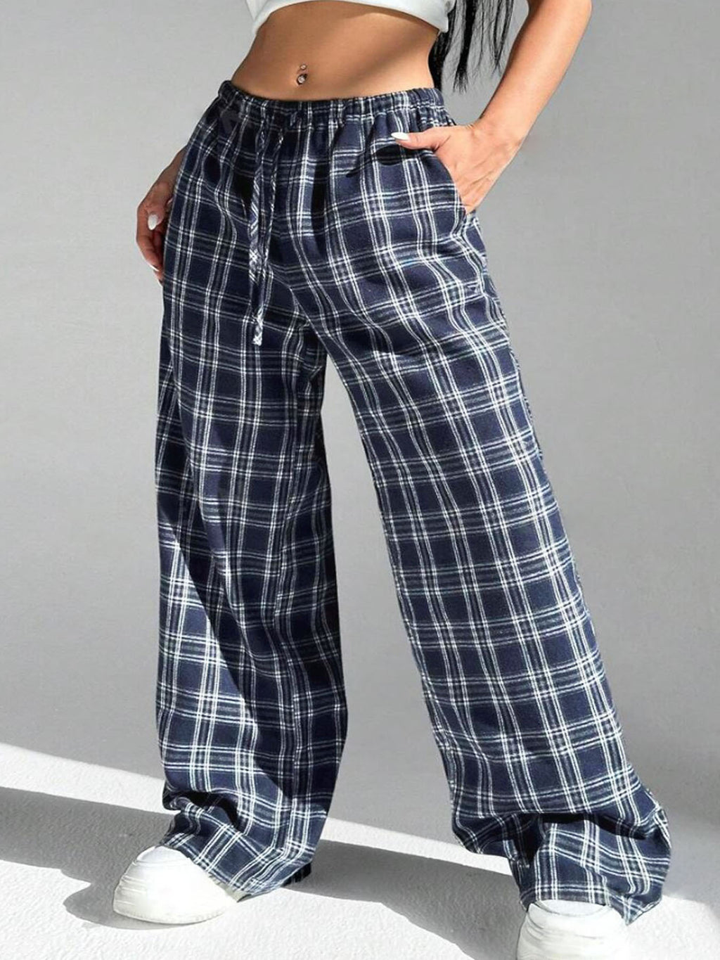 Pocket Loose Drawstring Plaid Lounge Trousers
