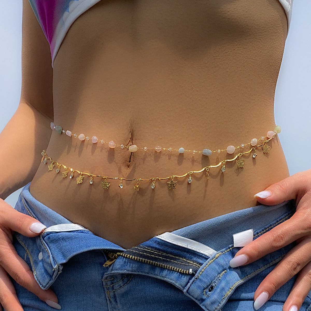 Double-layered crystal-coloured butterfly tassel body chain