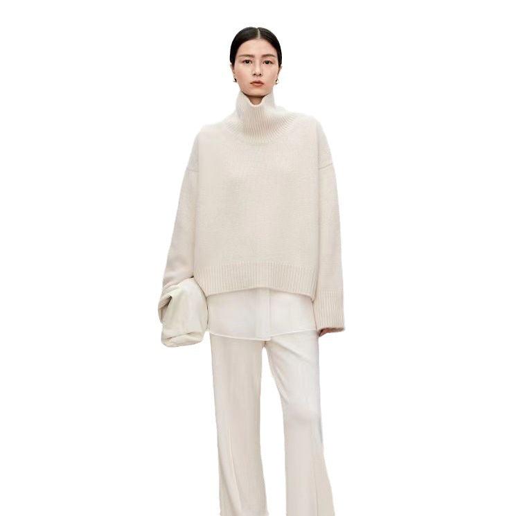 High neck cashmere wool sweater for women loose and thick with Woolen sweater with a knitted base