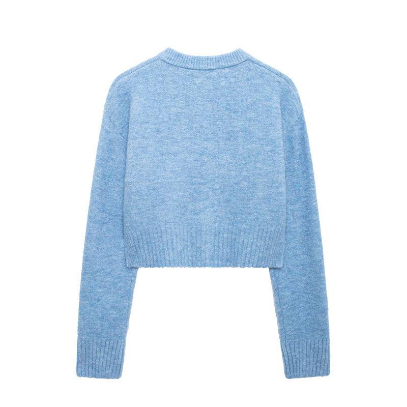 Round neck solid colour loose-fitting cardigan for women