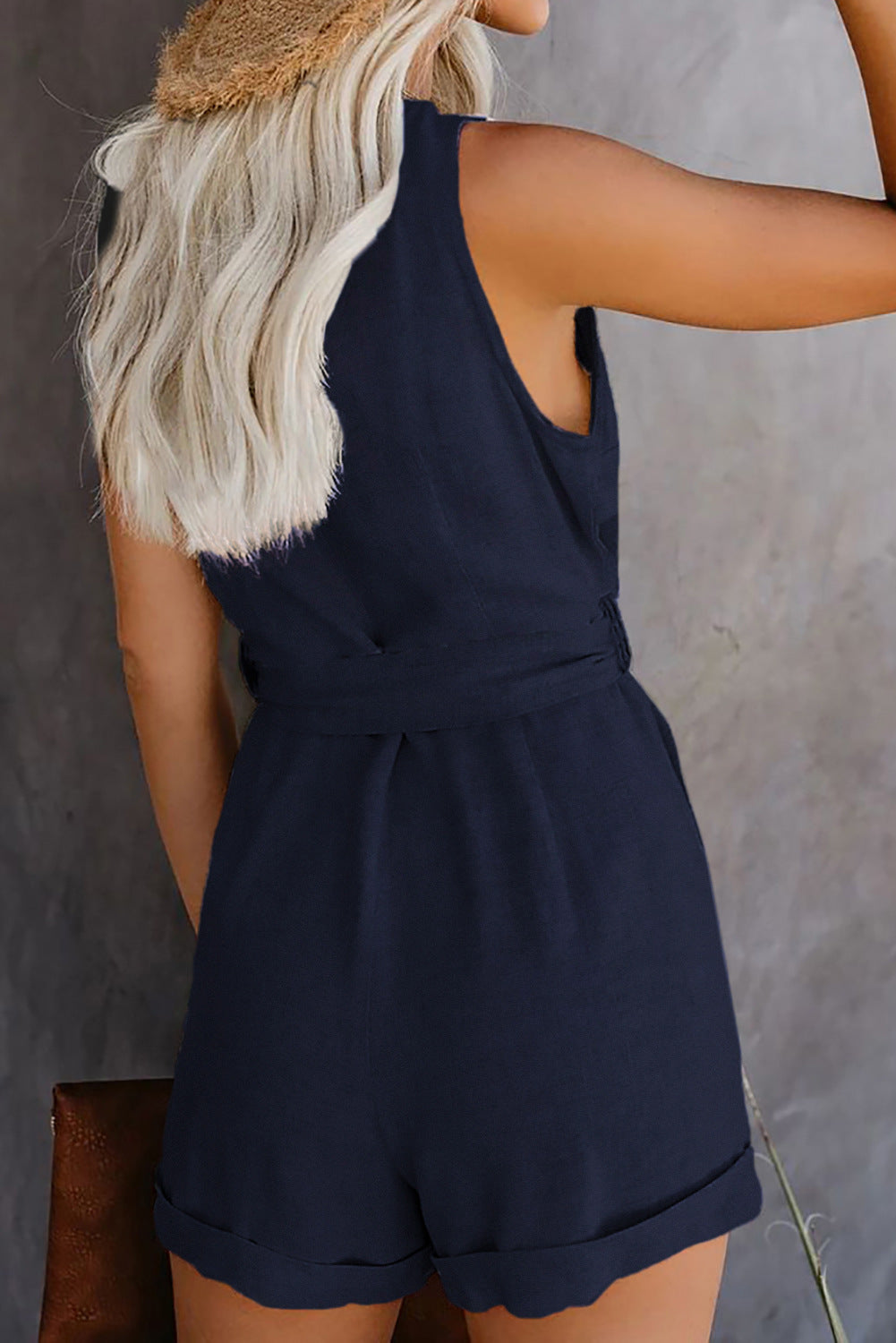 V-Neck Button & Belt Short Jumpsuit