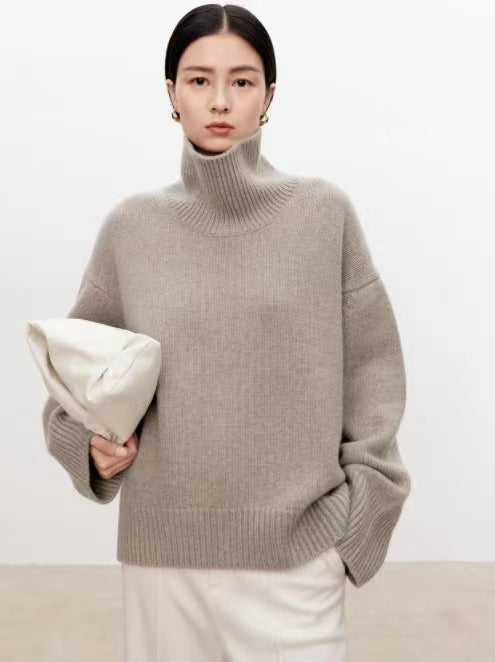 High neck cashmere wool sweater for women loose and thick with Woolen sweater with a knitted base