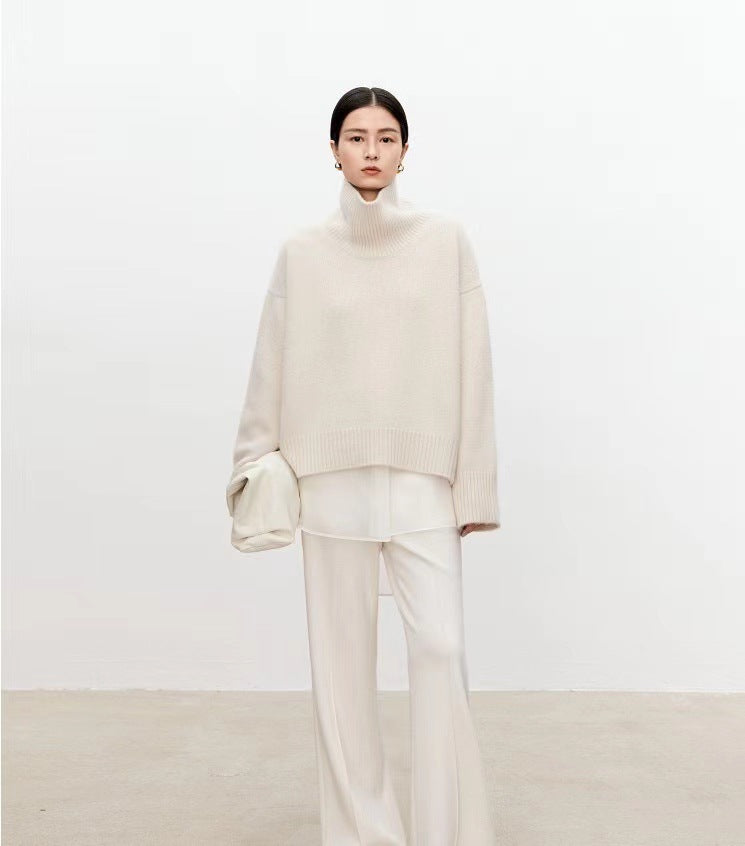 High neck cashmere wool sweater for women loose and thick with Woolen sweater with a knitted base