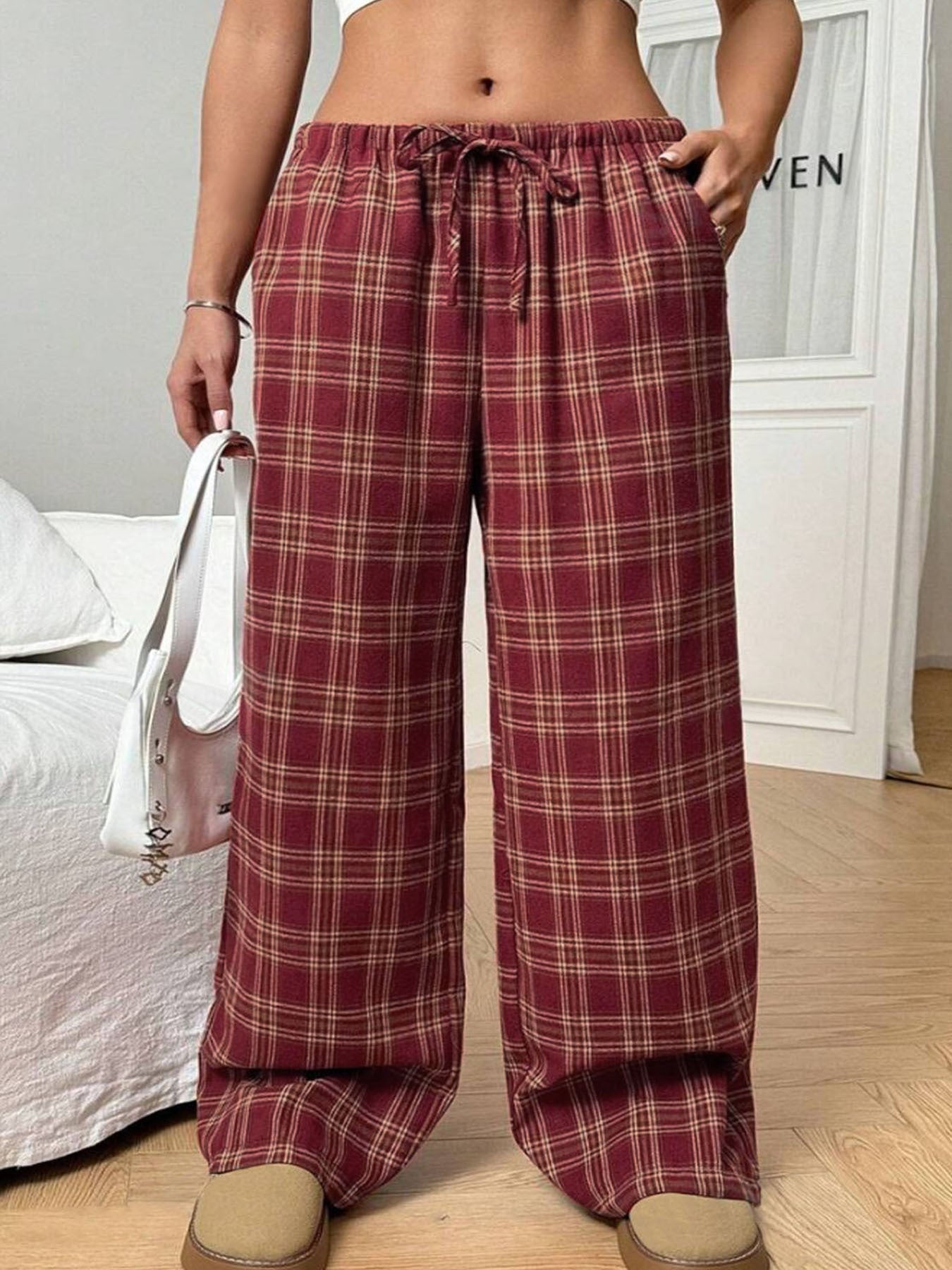 Pocket Loose Drawstring Plaid Lounge Trousers