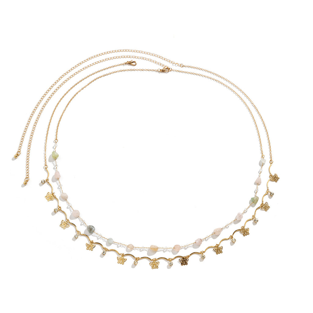 Double-layered crystal-coloured butterfly tassel body chain