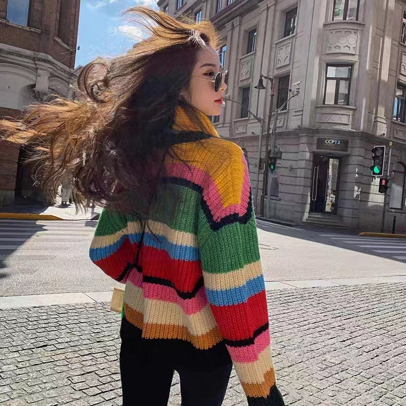 Rainbow Knitted Sweater+Scarf Loose Stripe Contrast Set