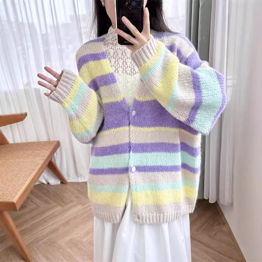 Retro striped V-neck cardigan with lazy and gentle long sleeves, loose wool knit cardigan for women