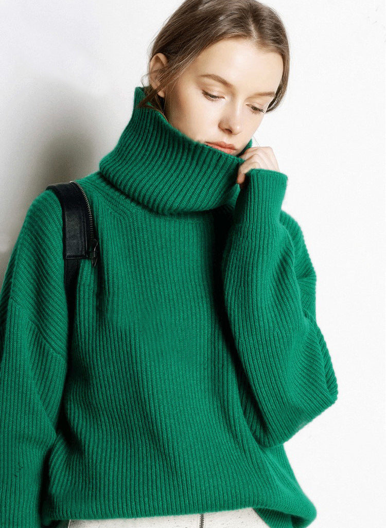High/Turtle-neck sweater for women, Autumn Winter style, thick and loose short style, pullover, free collar, lazy knit base sweater