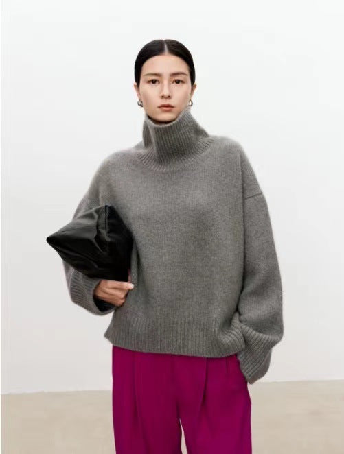 High neck cashmere wool sweater for women loose and thick with Woolen sweater with a knitted base