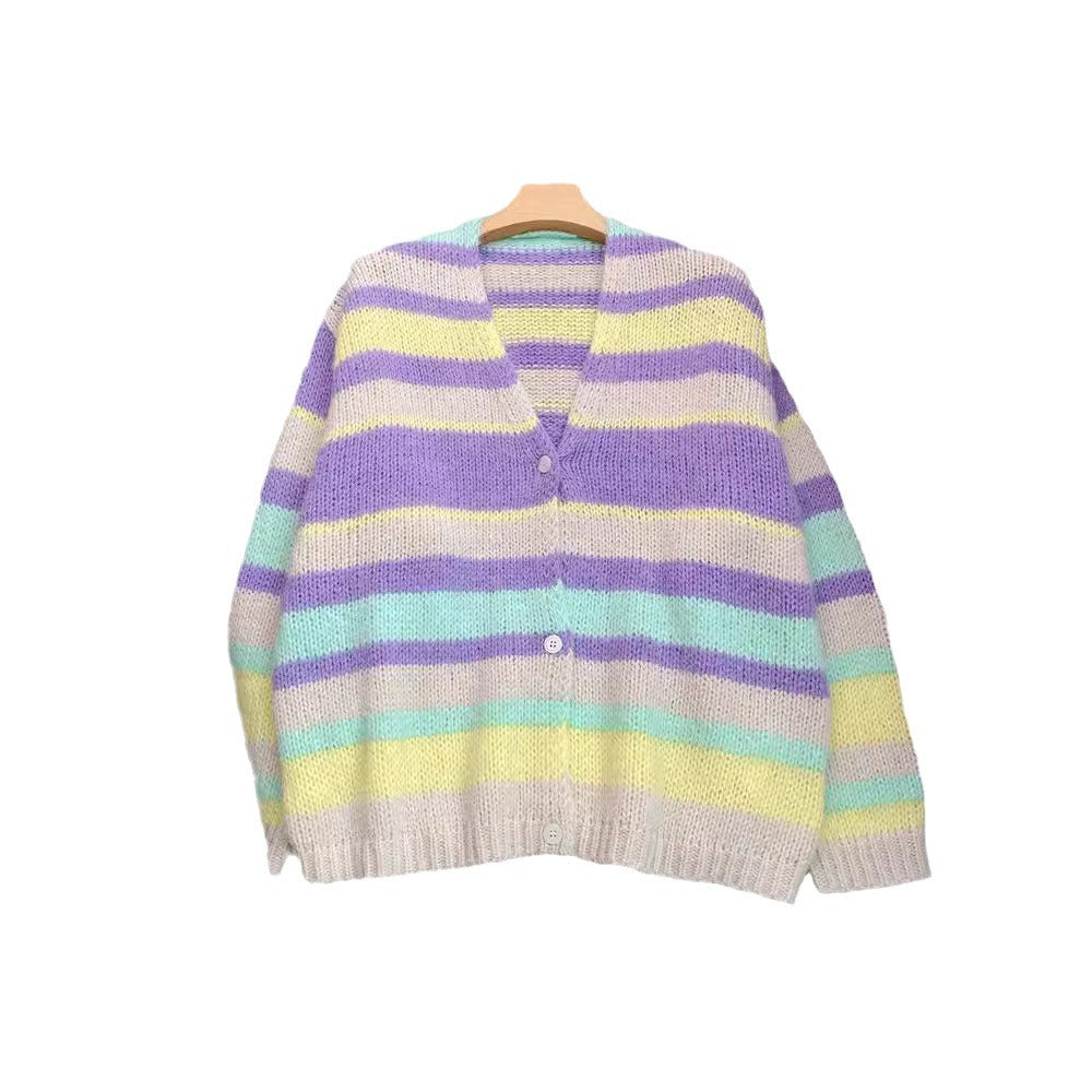 Retro striped V-neck cardigan with lazy and gentle long sleeves, loose wool knit cardigan for women