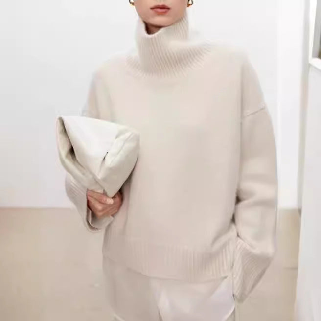 High neck cashmere wool sweater for women loose and thick with Woolen sweater with a knitted base