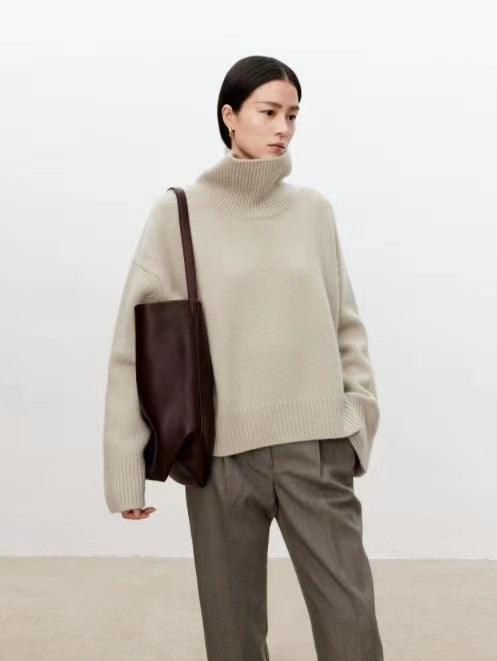 High neck cashmere wool sweater for women loose and thick with Woolen sweater with a knitted base