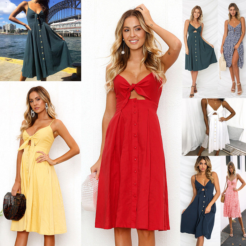 Backless Button Evening Dress