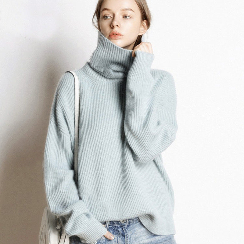 High/Turtle-neck sweater for women, Autumn Winter style, thick and loose short style, pullover, free collar, lazy knit base sweater
