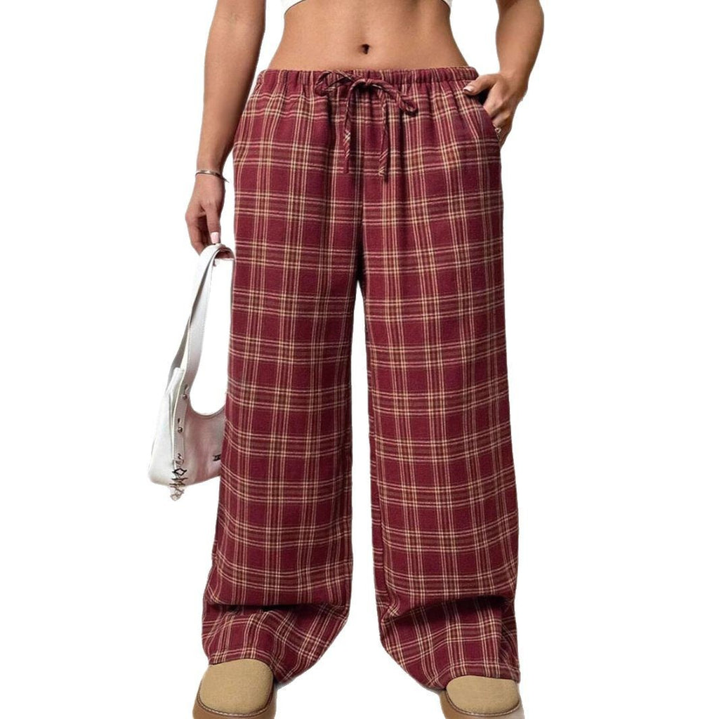 Pocket Loose Drawstring Plaid Lounge Trousers
