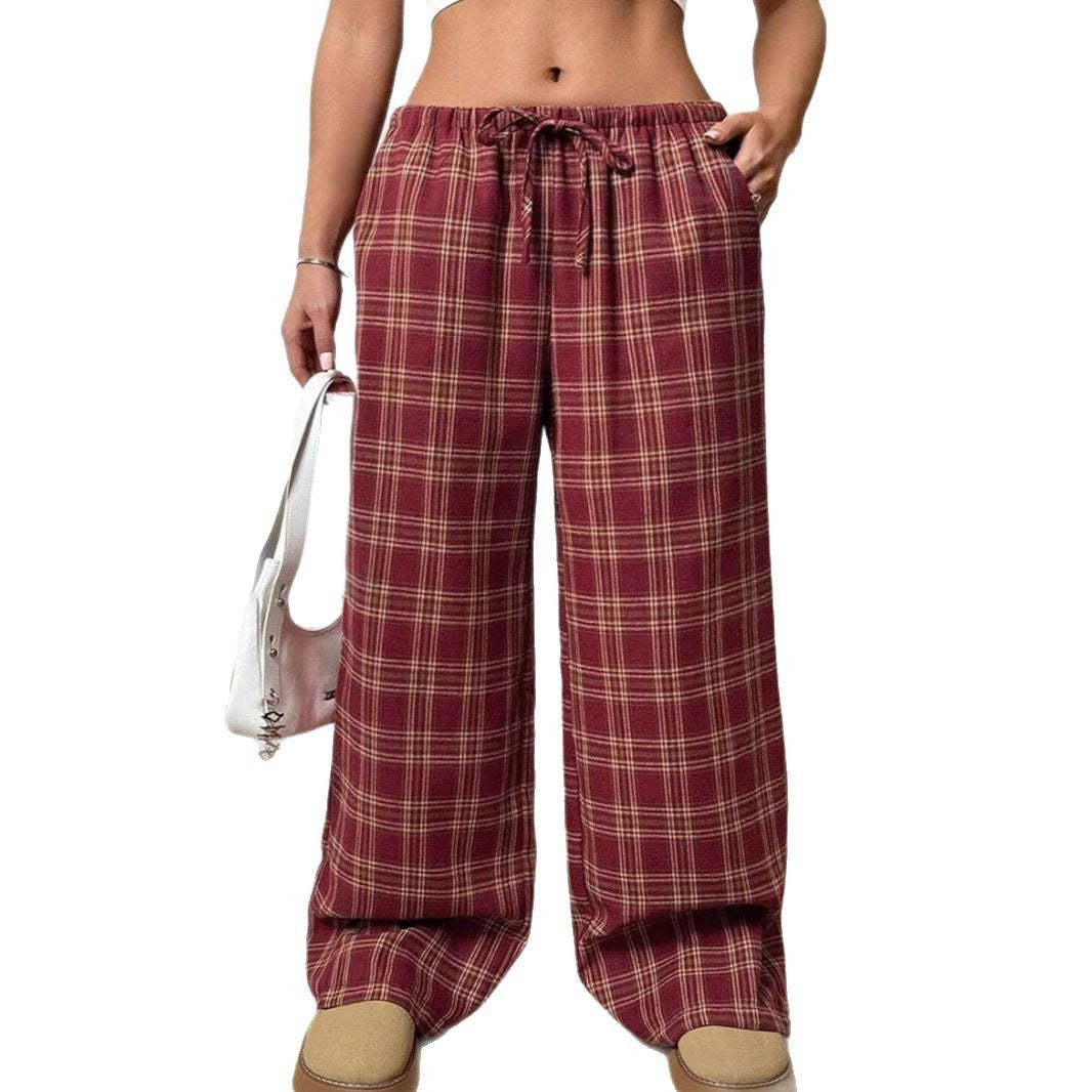 Pocket Loose Drawstring Plaid Lounge Trousers