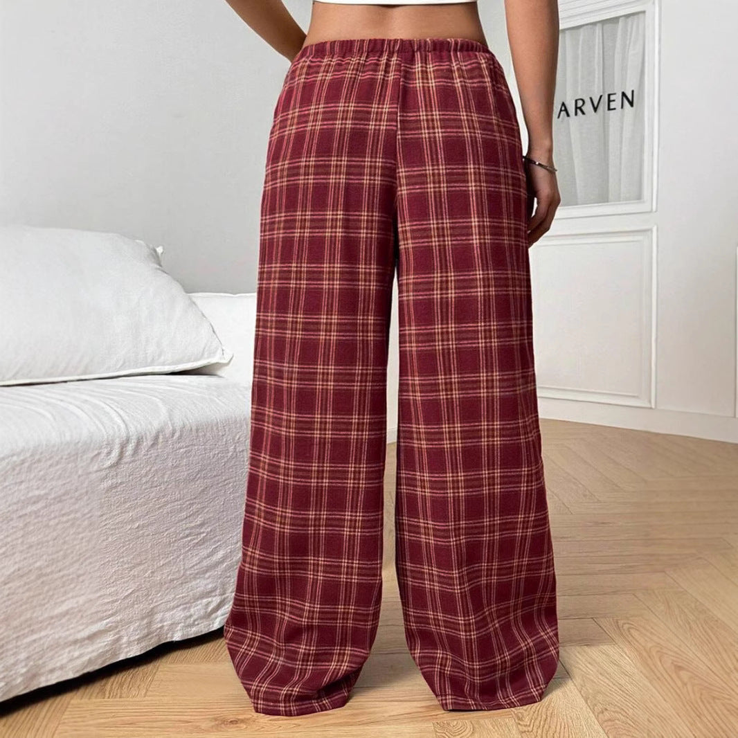 Pocket Loose Drawstring Plaid Lounge Trousers