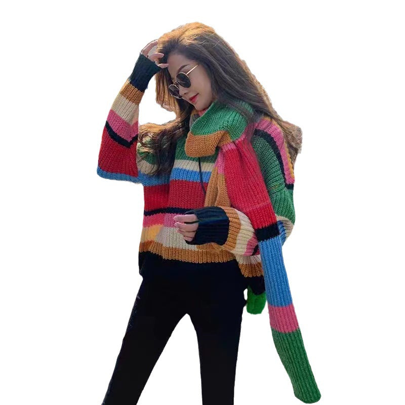 Rainbow Knitted Sweater+Scarf Loose Stripe Contrast Set