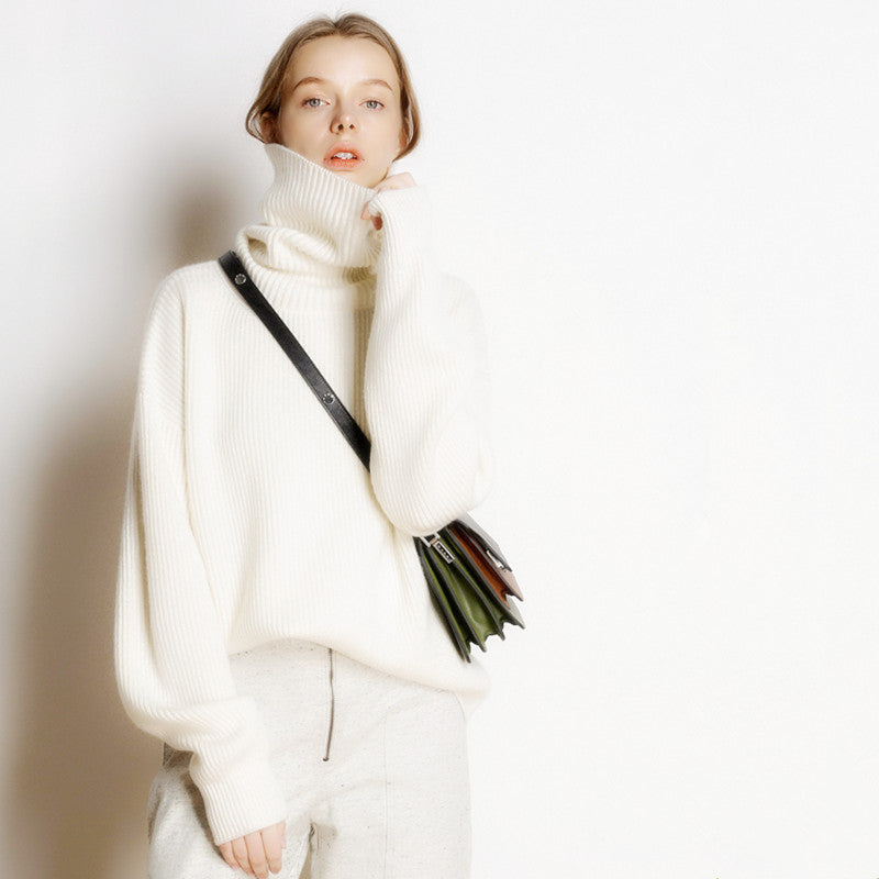 High/Turtle-neck sweater for women, Autumn Winter style, thick and loose short style, pullover, free collar, lazy knit base sweater