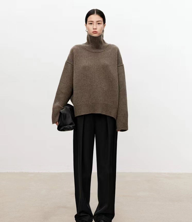 High neck cashmere wool sweater for women loose and thick with Woolen sweater with a knitted base