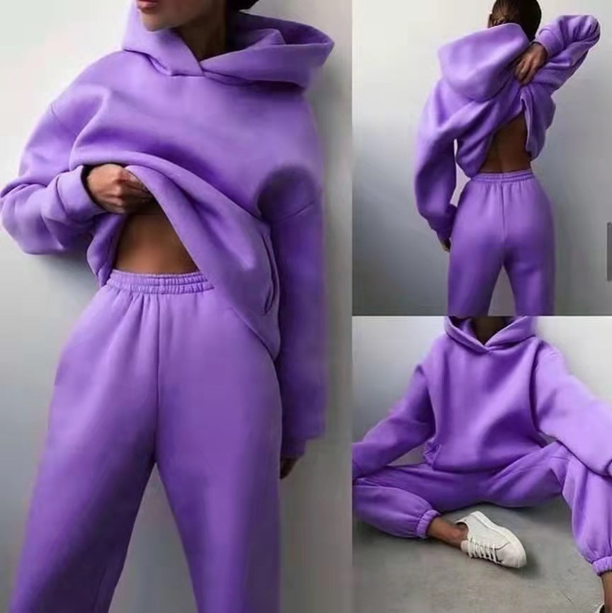 Casual Hooded Sweater Two-piece Fleece Tracksuit