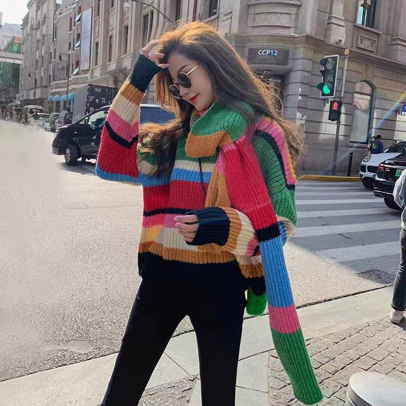Rainbow Knitted Sweater+Scarf Loose Stripe Contrast Set