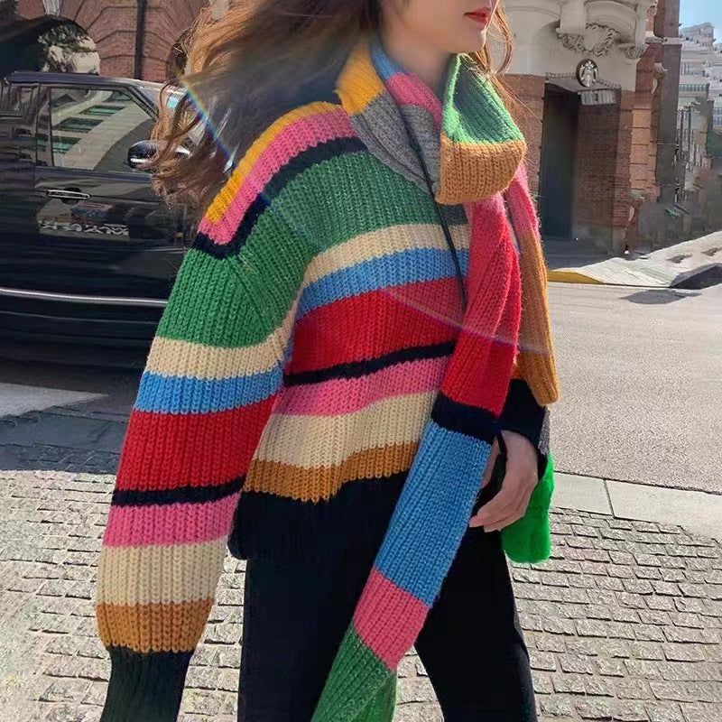 Rainbow Knitted Sweater+Scarf Loose Stripe Contrast Set