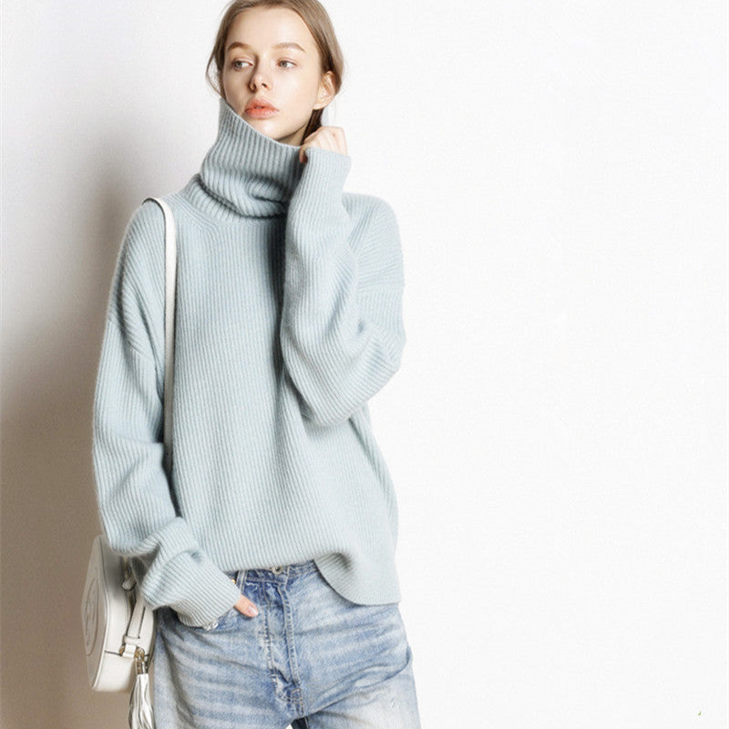 High/Turtle-neck sweater for women, Autumn Winter style, thick and loose short style, pullover, free collar, lazy knit base sweater