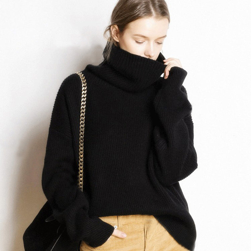 High/Turtle-neck sweater for women, Autumn Winter style, thick and loose short style, pullover, free collar, lazy knit base sweater