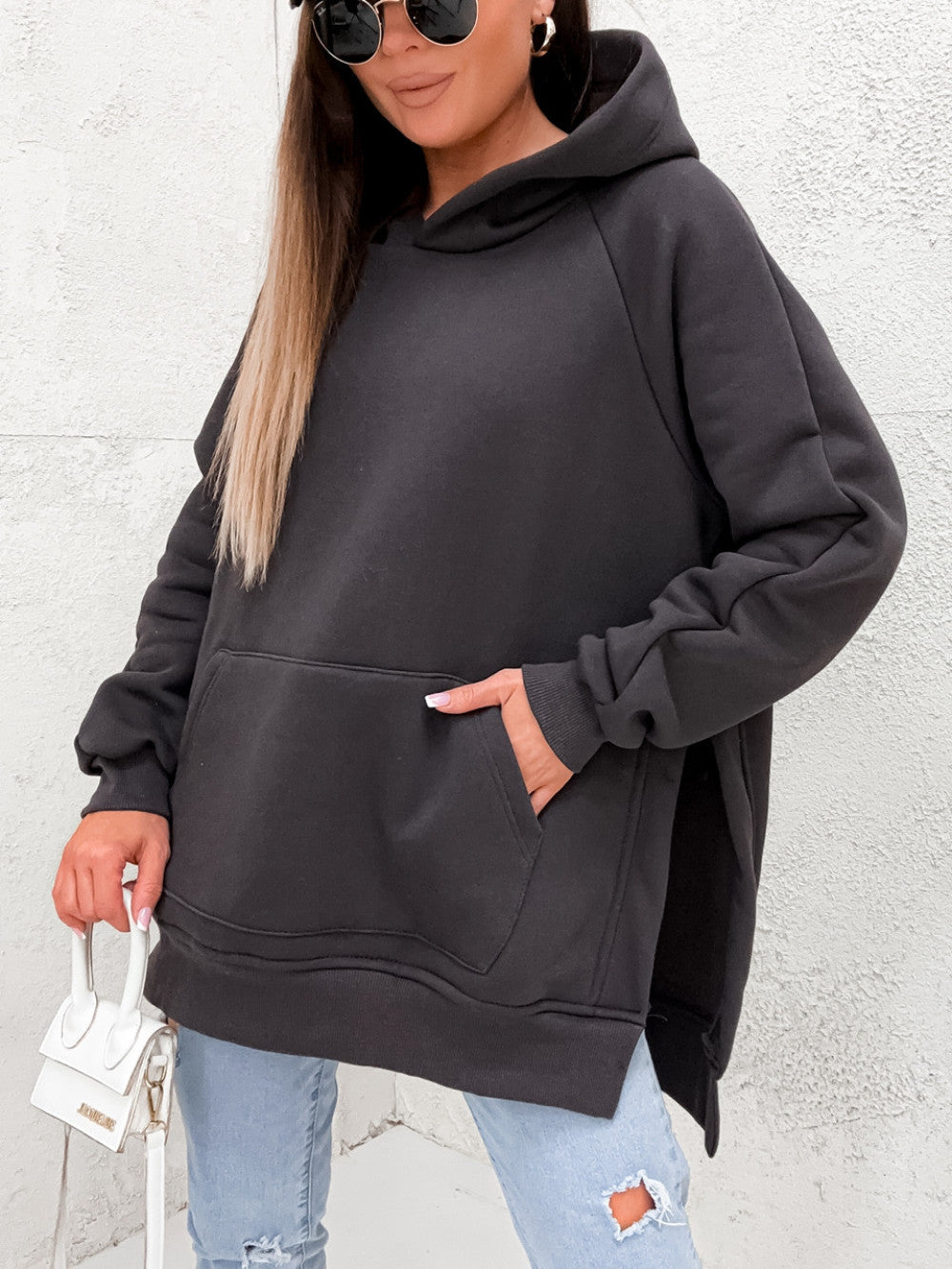 Kangaroo Pocket Side-Slit Cotton Hoodie