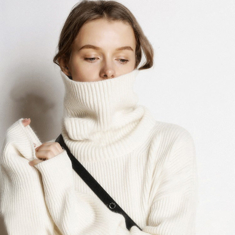 High/Turtle-neck sweater for women, Autumn Winter style, thick and loose short style, pullover, free collar, lazy knit base sweater