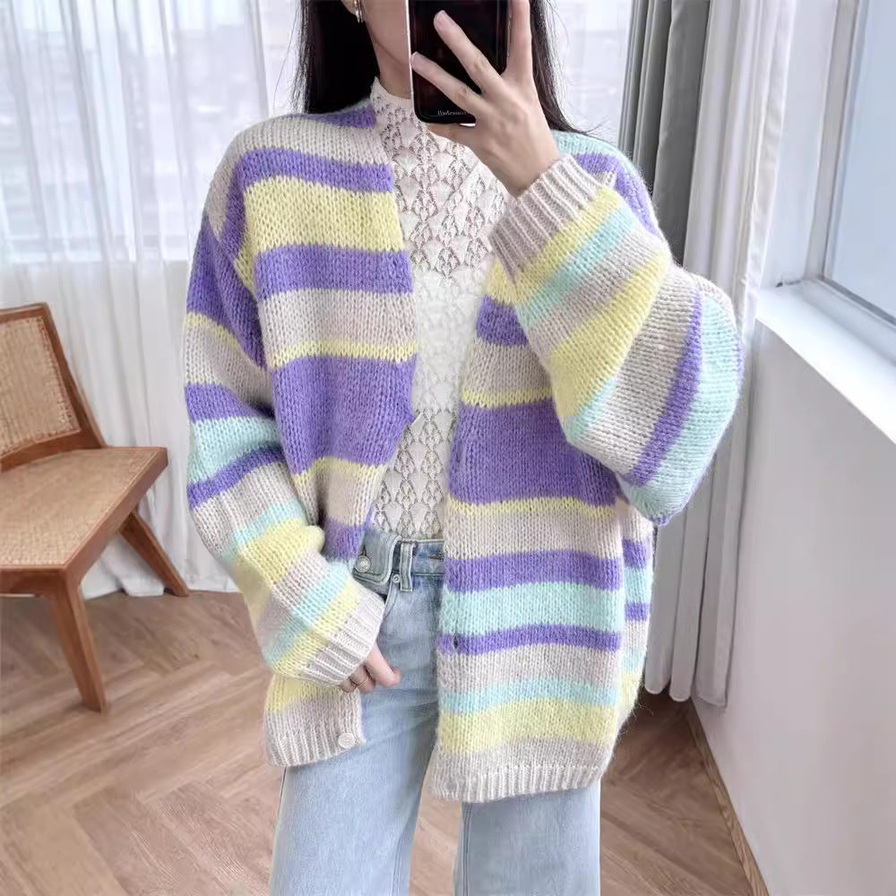 Retro striped V-neck cardigan with lazy and gentle long sleeves, loose wool knit cardigan for women