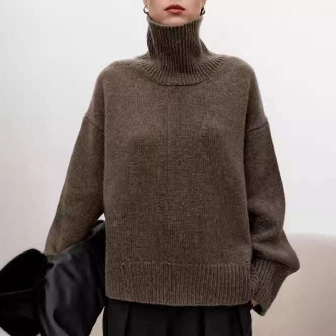 High neck cashmere wool sweater for women loose and thick with Woolen sweater with a knitted base
