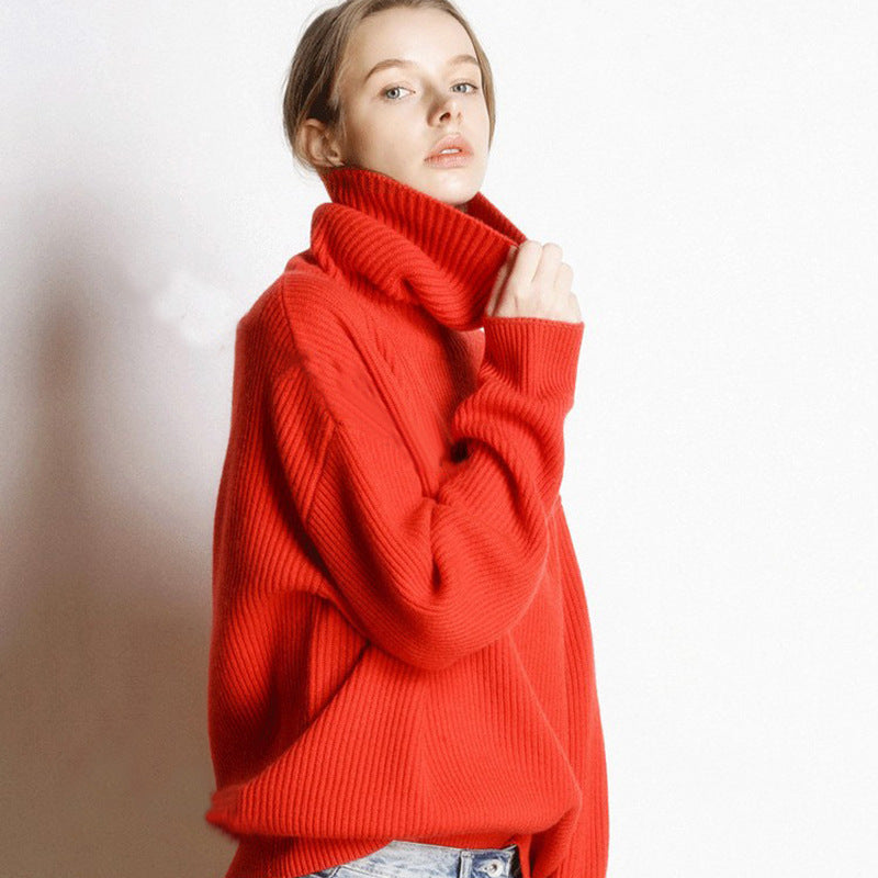 High/Turtle-neck sweater for women, Autumn Winter style, thick and loose short style, pullover, free collar, lazy knit base sweater