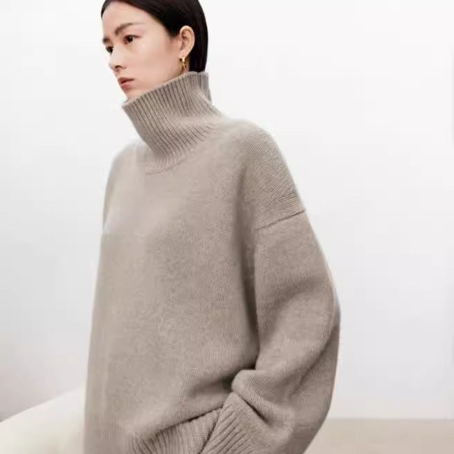 High neck cashmere wool sweater for women loose and thick with Woolen sweater with a knitted base