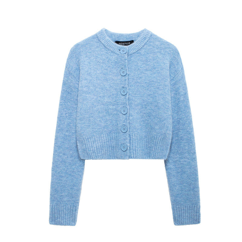 Round neck solid colour loose-fitting cardigan for women