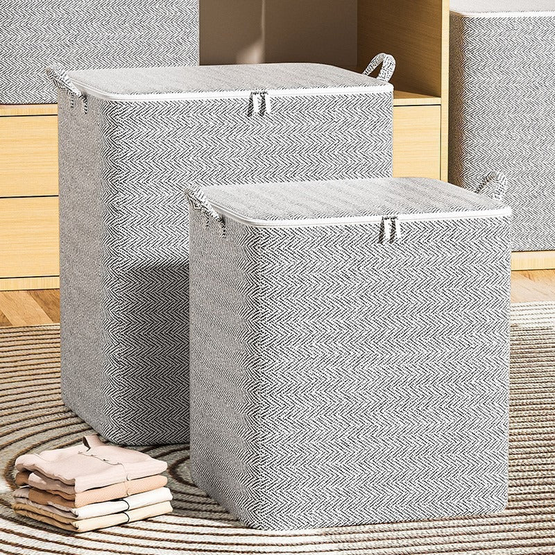 Grey Herringbone Storage Bag for Home Use, Dust-Proof Organiser for Blankets, Clothes, and Bedding Storage Bag