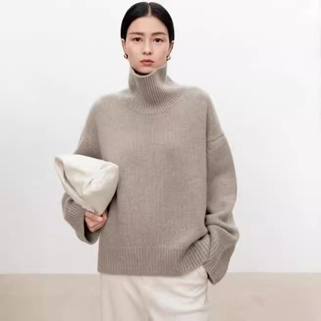 High neck cashmere wool sweater for women loose and thick with Woolen sweater with a knitted base