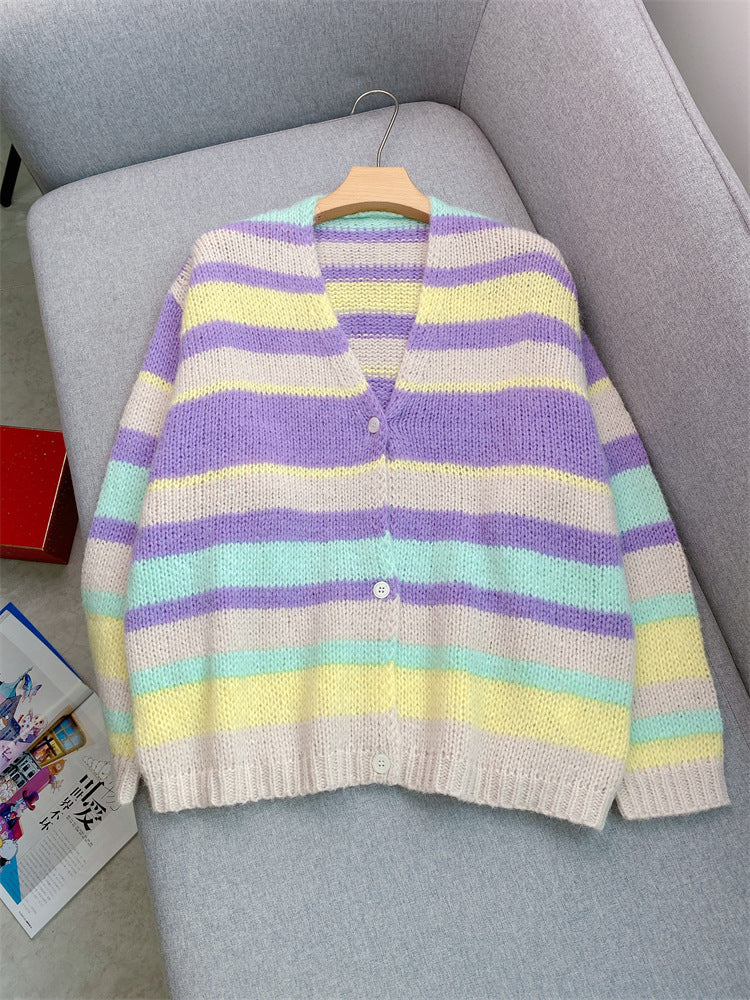 Retro striped V-neck cardigan with lazy and gentle long sleeves, loose wool knit cardigan for women