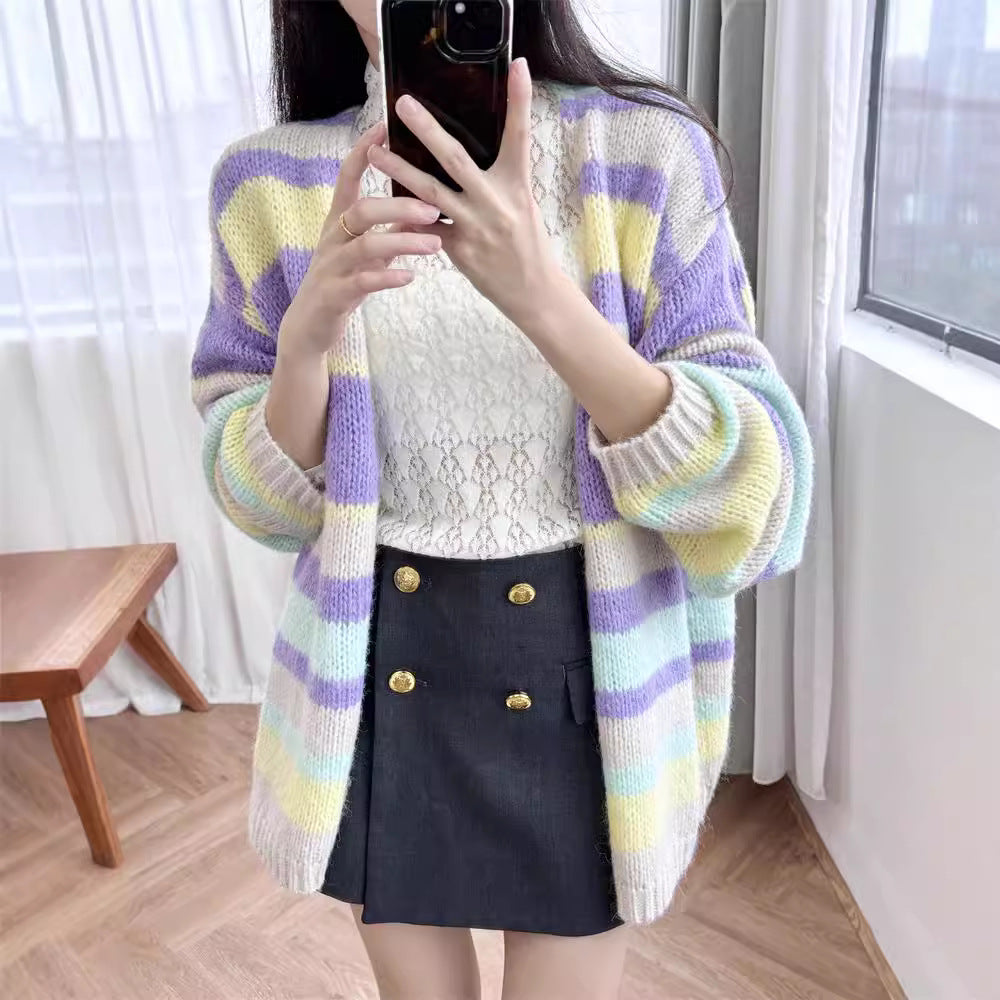 Retro striped V-neck cardigan with lazy and gentle long sleeves, loose wool knit cardigan for women