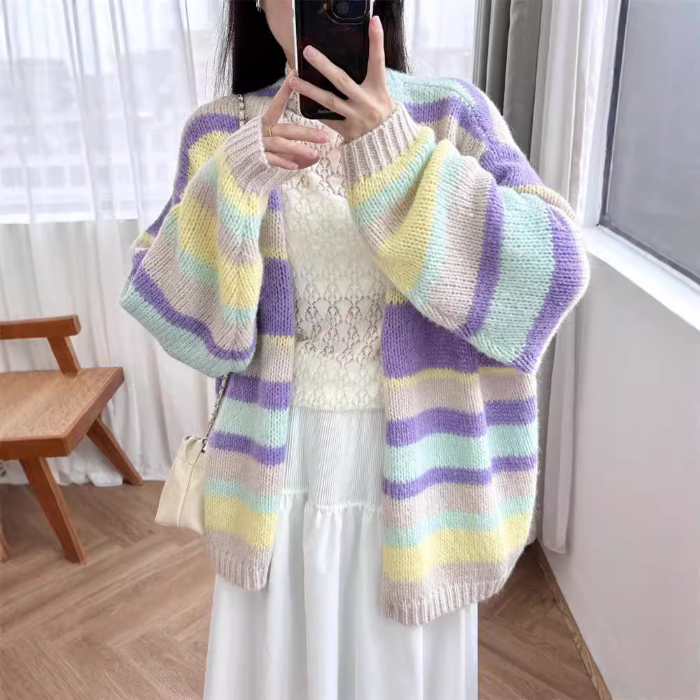 Retro striped V-neck cardigan with lazy and gentle long sleeves, loose wool knit cardigan for women