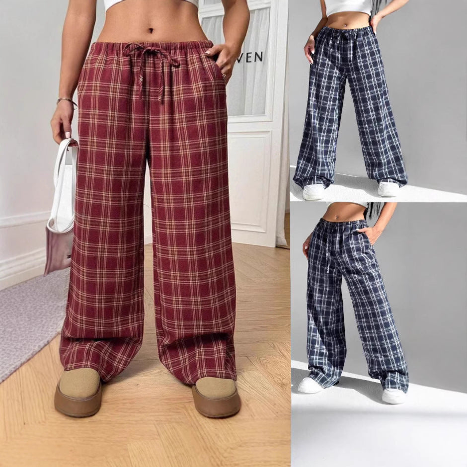 Pocket Loose Drawstring Plaid Lounge Trousers