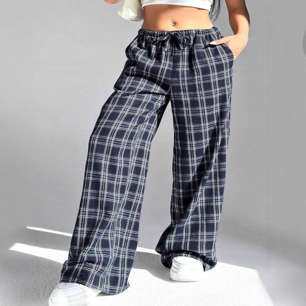 Pocket Loose Drawstring Plaid Lounge Trousers