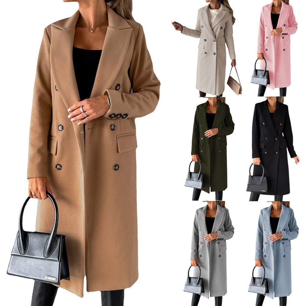 Double-breasted Lapel Coat Slim Long Coat